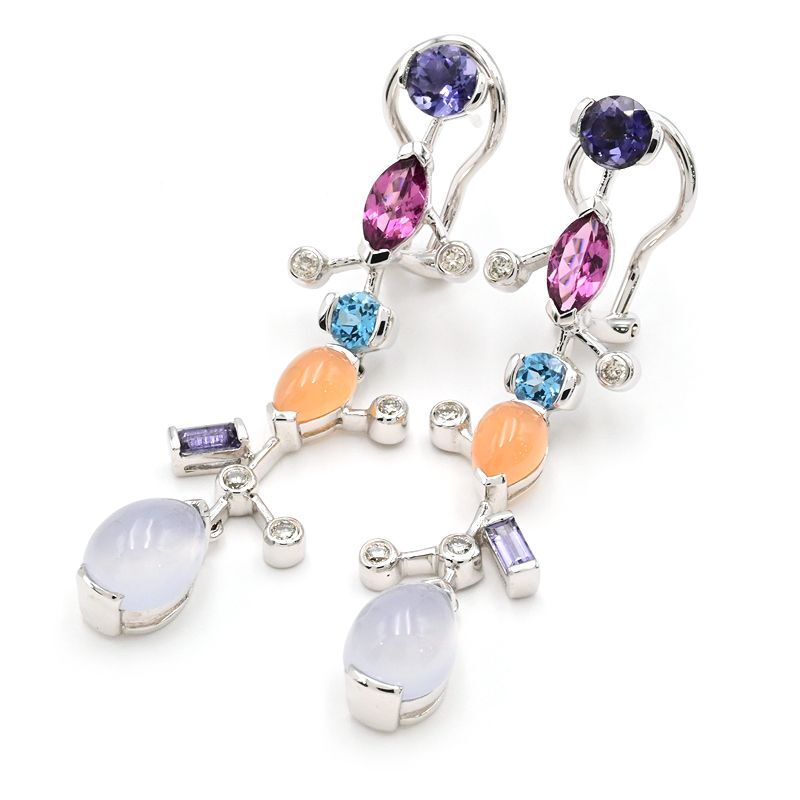 両耳合計8.06ct天然マルチストーンピアス K18WG 0.24ctダイヤ ロングピアス カボションカット ホワイトゴールド 地金10.3g 中古 送料無料拍卖