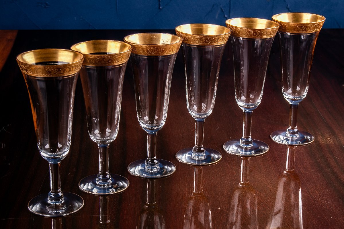 【うつわ】 アンティーク フランス 金彩グラス ワイングラス 6客 ウランガラス 高さ15.5cm E2110B 茶道具 古美術 骨董 古玩 日本料理 懐石拍卖