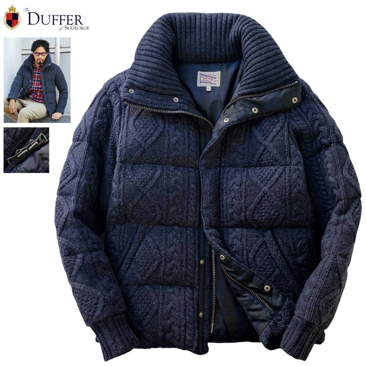 サファリ掲載 極美品 定3.6万 極暖! DUFFER ダファー ブラックウォッチ チェック 麻混 ケーブルニット ダウンジャケット M CABLE KNIT DOWN拍卖