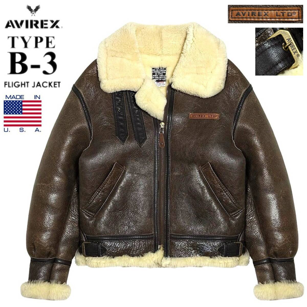 美品 定価23.7万 高年式 USA製 AVIREX アヴィレックス 現行型 胸タグ TYPE B-3 リアルムートン フライトジャケット 36 羊革 ボマーブルゾン拍卖