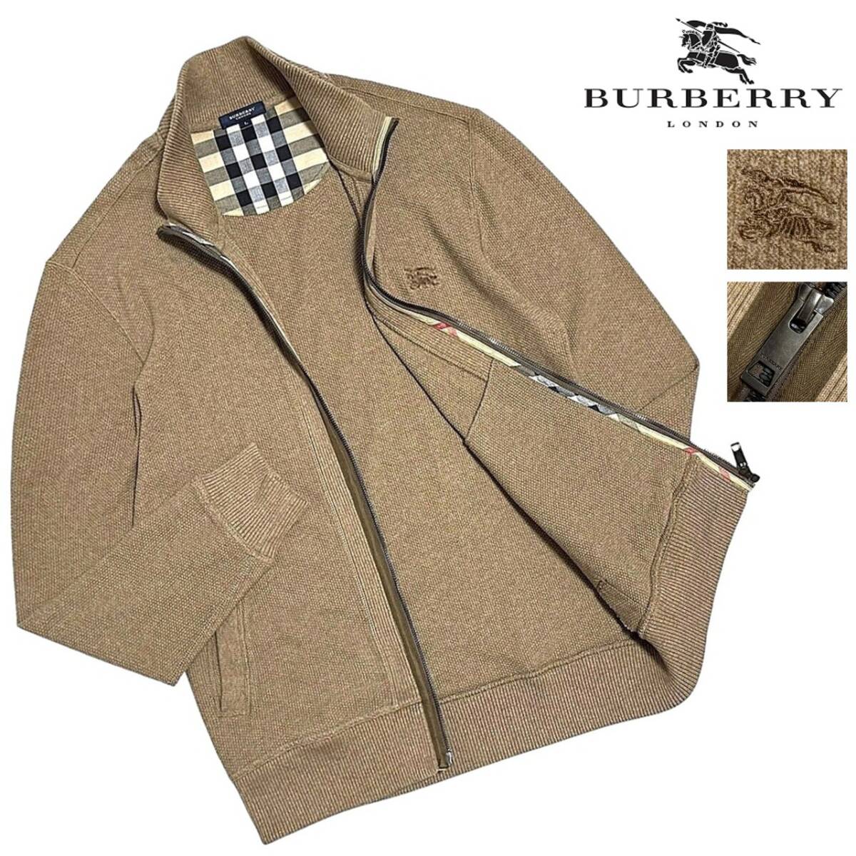 極美品 バーバリー ロンドン BIGホース刺繍 ノバチェック ワッフル編み ジップ ドライバーズ ニットジャケット L ブルゾン BURBERRY LONDON拍卖