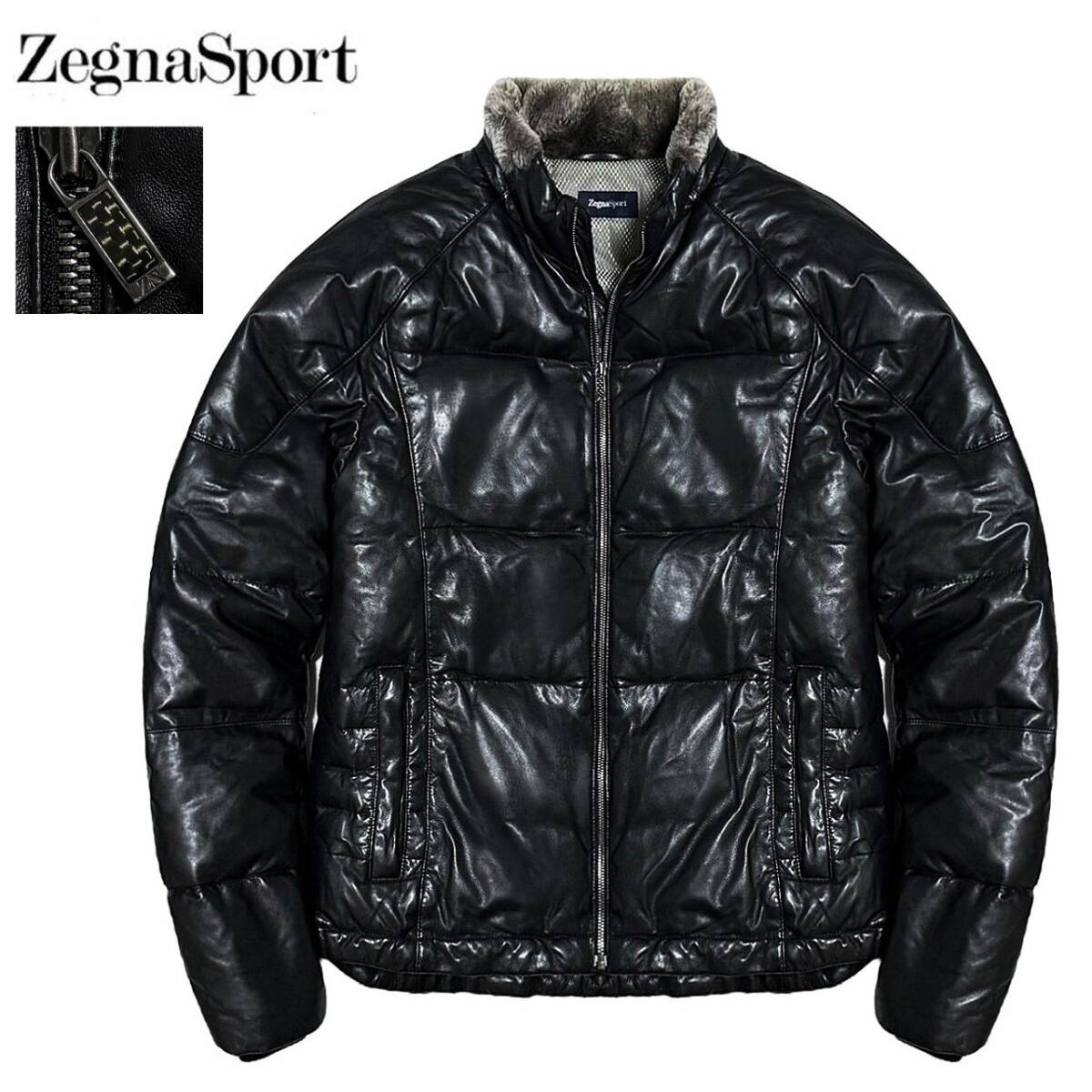 贅の極! 極美品 エルメネジルドゼニア Zegna Sport 襟リアルムートン 極上ラムレザー レザーダウンジャケット XL LL~3L相当 黒 羊革 コート拍卖