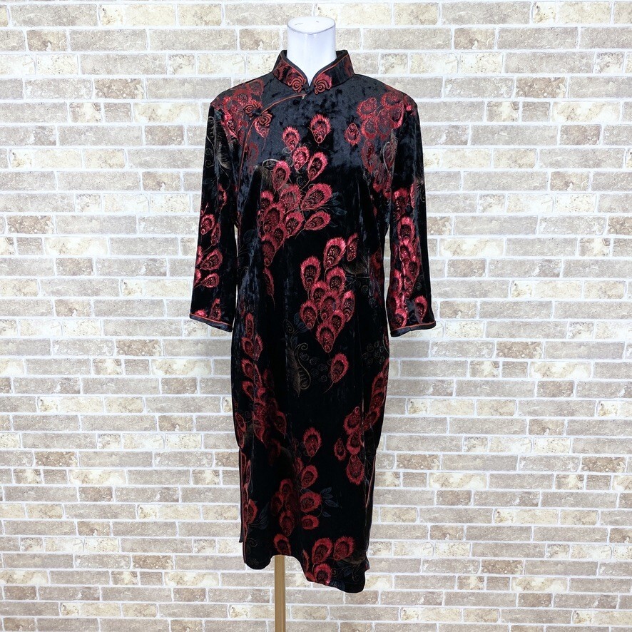 1円 チャイナドレス LAOGUDAI ベロア 長袖ワンピース 2XL大きなサイズ 黒赤刺繍 カラードレス フォーマル 中古12456拍卖