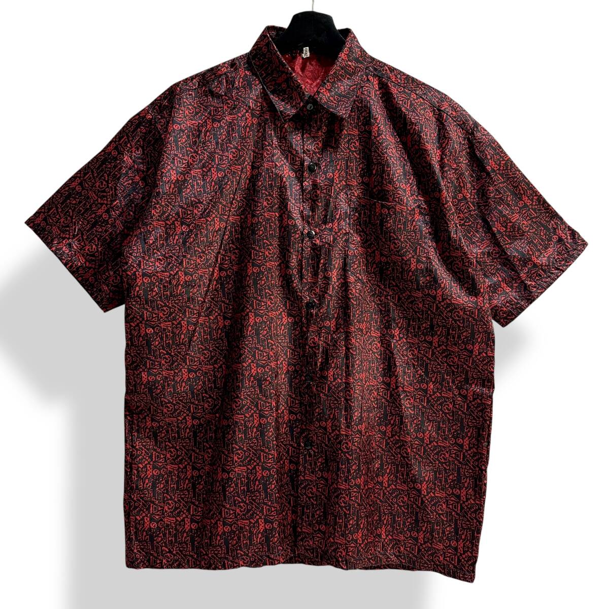 貴重【THAI SILK COLLECTION】VINTAGE 総柄 タイシルクシャツ 海外古着 半袖シャツ レッド シルク100%拍卖