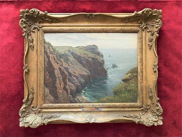フレッド・ゴールデン・ショート●真作 三越取扱19世紀絵画☆状態注意●板に油彩 直筆サイン■タイトル『ハンプシャーの岬』■アンティーク拍卖