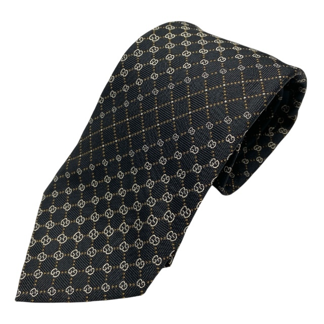 GUCCI グッチ ネクタイ マイクロGG GG柄 総柄 ロゴ シルク ブラック ゴールド拍卖