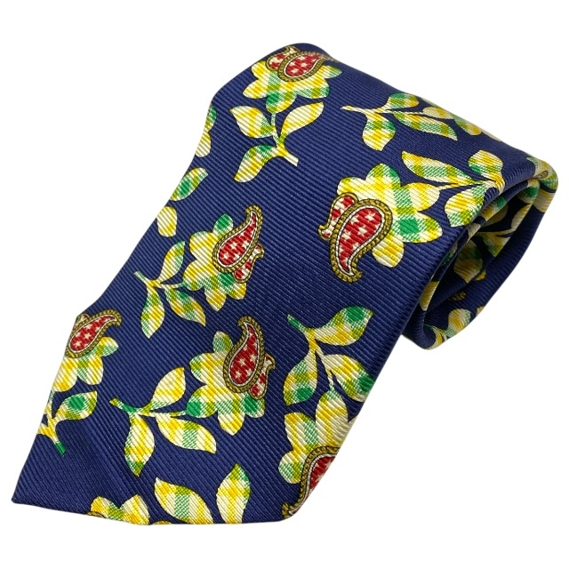 Yves Saint Laurent イヴサンローラン ネクタイ ループタイ ペイズリー ボタニカル柄 フラワー 総柄 シルク ネイビー拍卖