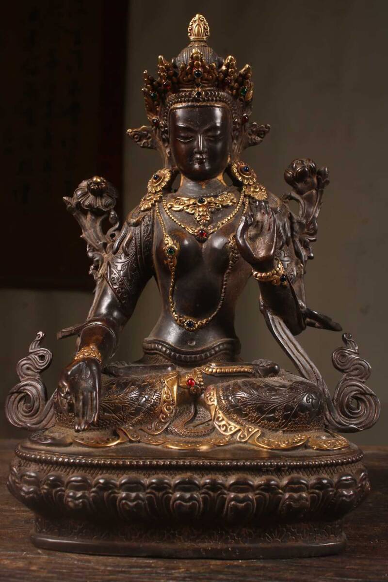 清 仏教古美術 古銅塗金彫 度母像 仏像 文案置物 密宗密教 供養品 時代物 古董品 骨董 收集 旧家蔵出 唐物 中国古玩 古美術品拍卖