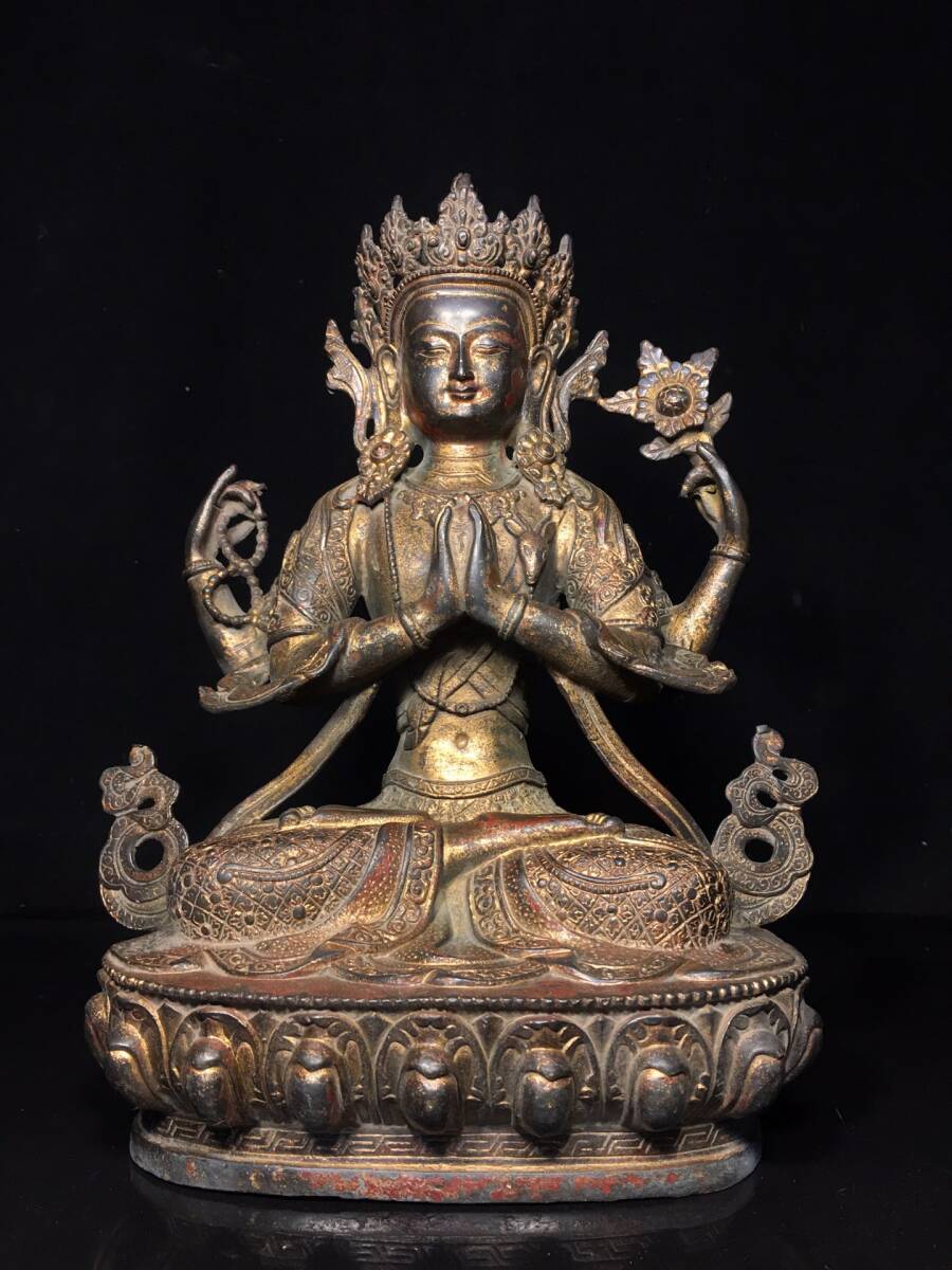 清 仏教古美術 古銅塗金彫 四臂観音像 仏 仏像 文案置物 密宗密教 供養品 時代物 古董品 骨董 收集 旧家蔵出 唐物 中国古玩 古美術品拍卖