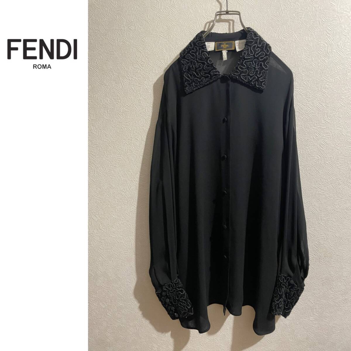 ◯ イタリア製 FENDI スパンコール ブレード シアー シャツ / フェンディ シフォン ドロップショルダー ブラック 黒 42 Ladies #Sirchive拍卖