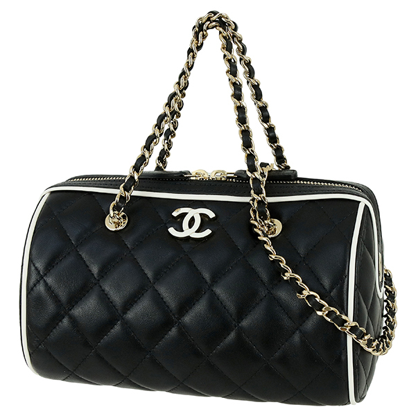 シャネル ハンドバッグ ミニチェーンボストン ラムスキン ブラック ホワイト 149115拍卖