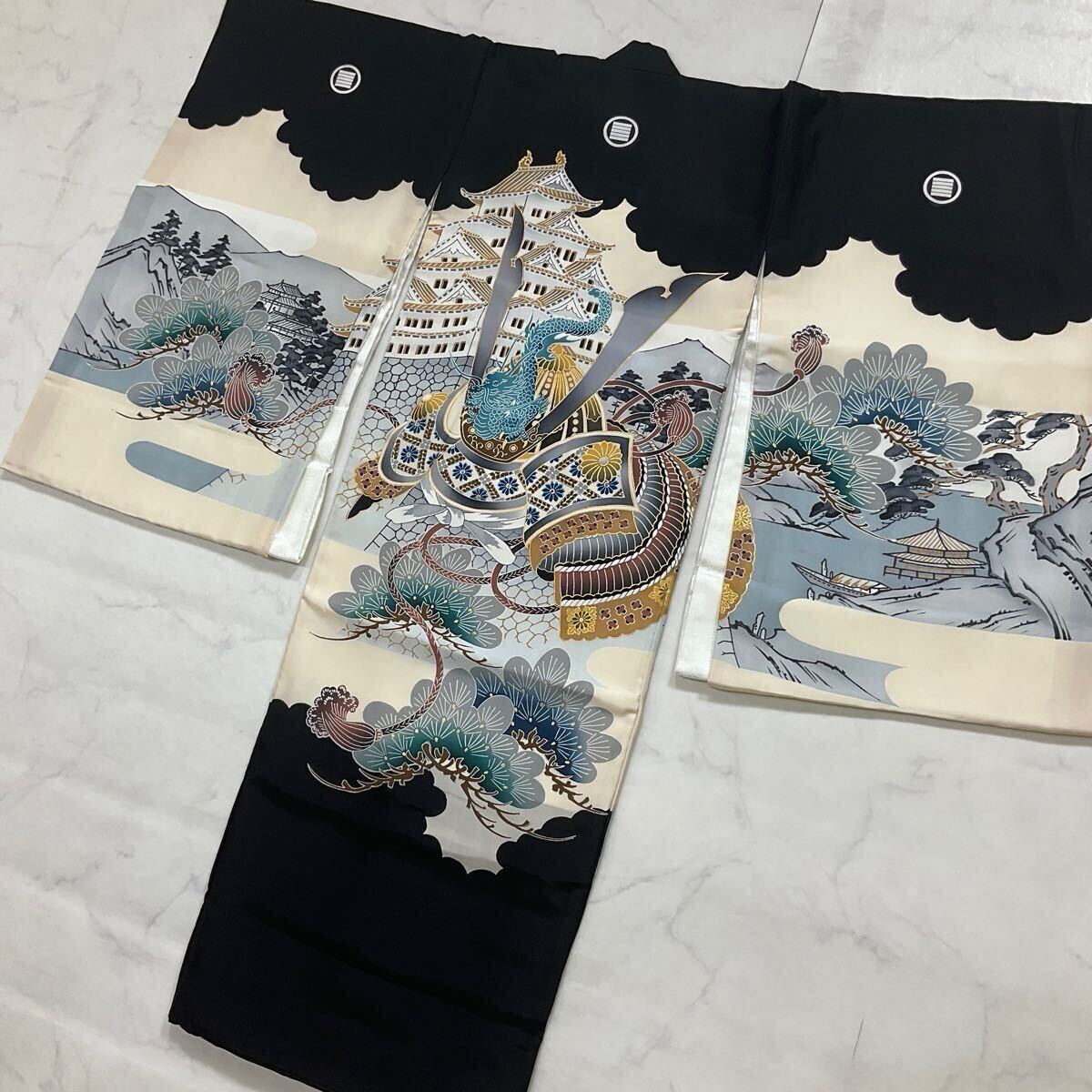 ◆kimono+one◆産着◆お宮参り◆襦袢付き◆正絹◆五つ紋◆七五三◆3歳用◆男の子着物◆七五三お詣り男の子着物こどものひお正月卒業式Y46拍卖