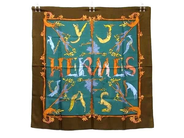 ■美品■ HERMES エルメス ANIMAL ALPHABET カレ90 シルク100% スカーフ ストール ショール カーキ系×マルチカラー FF1038拍卖