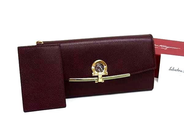 ■新品■未使用■ Salvatore Ferragamo フェラガモ ガンチーニ レザー 二つ折り 長財布 ウォレット ワインレッド系 FH8712拍卖