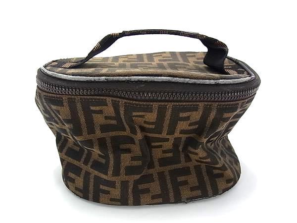 1円 FENDI フェンディ ズッカ柄 キャンバス×レザー バニティバッグ ハンドバッグ メイクポーチ ブラウン系×ブラック系 FQ1582拍卖