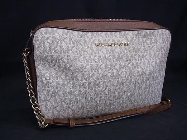 1円 ■美品■ MICHAEL KORS マイケルコース MK柄 PVC クロスボディ ショルダーバッグ 斜め掛けかばん アイボリー系×ブラウン系 FR0941拍卖