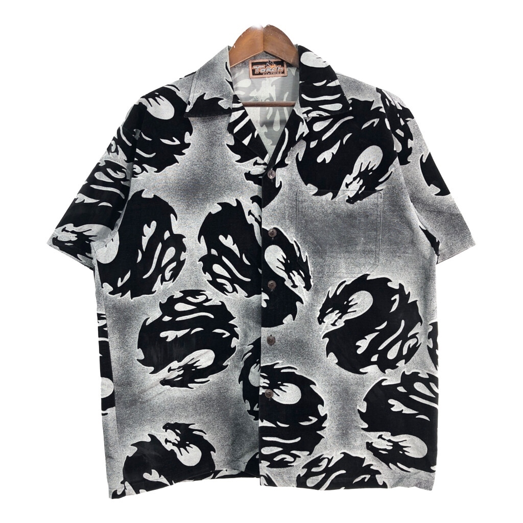 00年代 Torch CLOTHING ドラゴン トライバル オープンカラー 半袖シャツ 大きいサイズ 総柄 グレー(メンズ 2XL相当)中古 古着 T8585拍卖