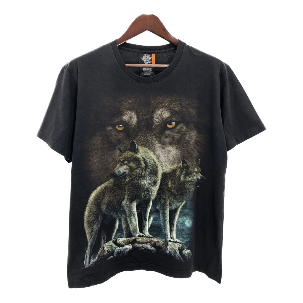 90年代 ROCK EAGLE アニマルプリント オオカミ Tシャツ ブラック(メンズ LARGE)中古 古着 T9478拍卖