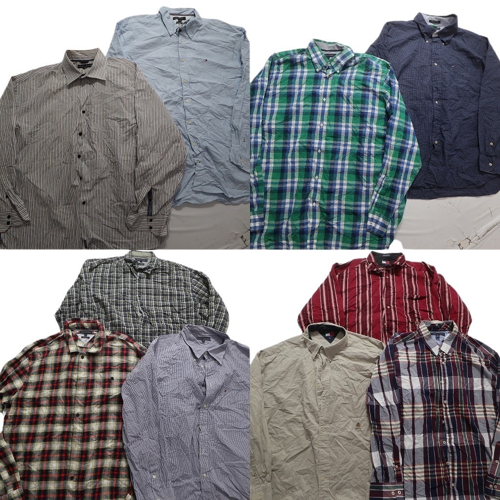 古着卸 まとめ売り トミーヒルフィガー 長袖シャツ 10枚セット (メンズ 2XL /3XL ) フラッグタグ チェック NB2611 1円スタート拍卖