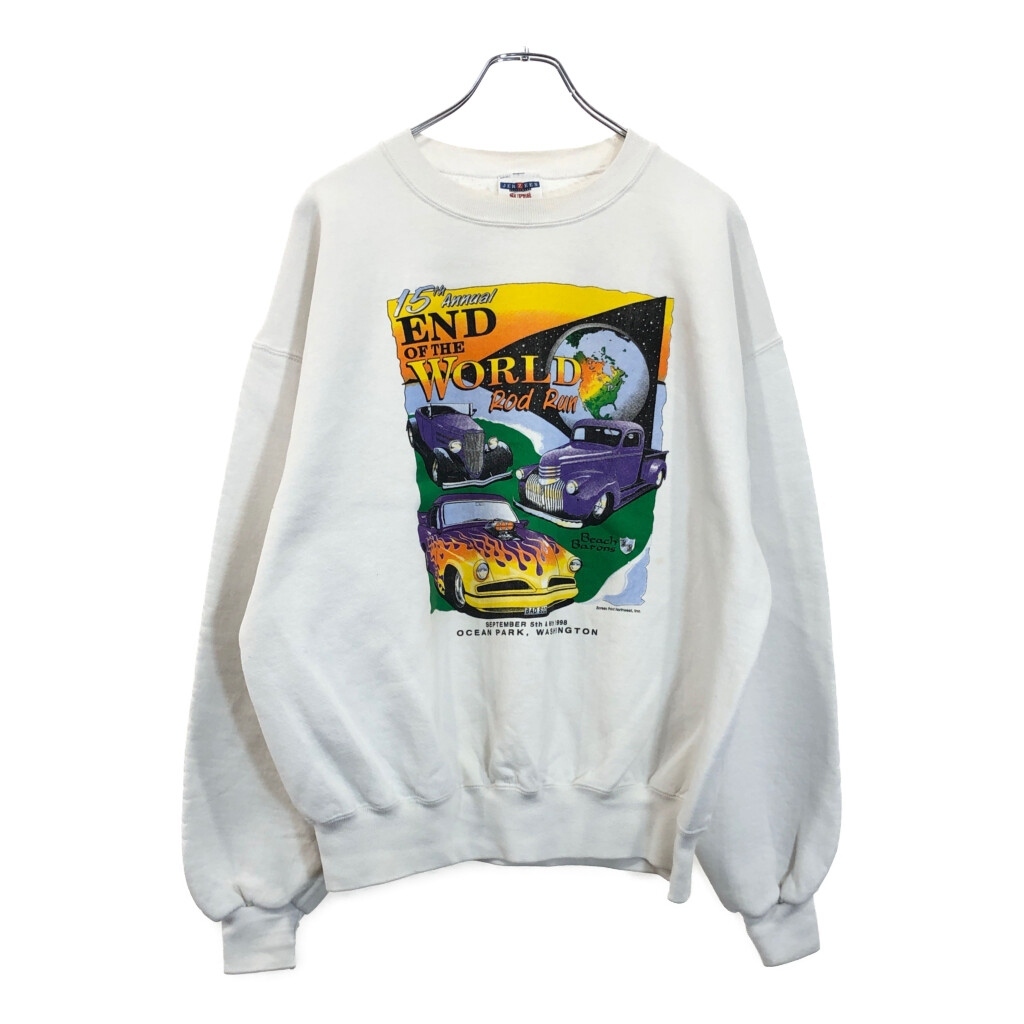 90年代 USA製 END OF THE WORLD Rod Run スウェット クラシックカー ホワイト(メンズ XL)中古 古着 U9077拍卖
