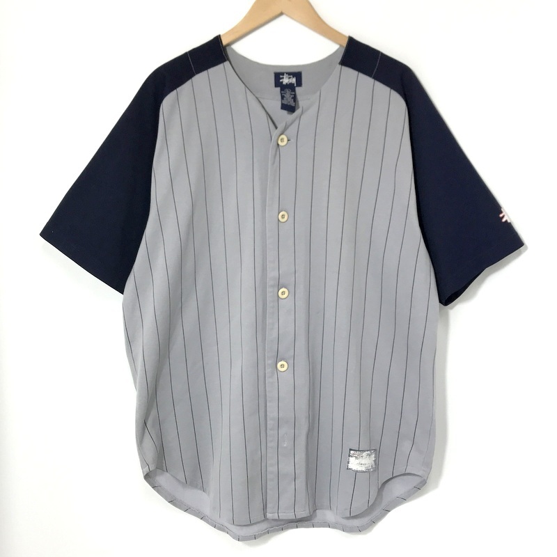 STUSSY ステューシー ベースボールシャツ 半袖 ゲームシャツ ストライプ ロゴ カジュアル 古着 メンズ Lサイズ トップス A14476◆拍卖