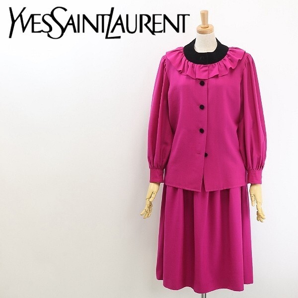 【FA16】ヴィンテージ◆Yves Saint Laurent イヴサンローラン ウール×ベロア フリル ブラウス ジャケット&スカート セットアップ S/M拍卖