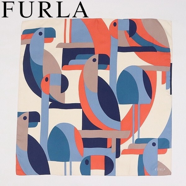 【FA306】◆FURLA フルラ シルク100% 鳥 オウム柄 大判 スカーフ拍卖