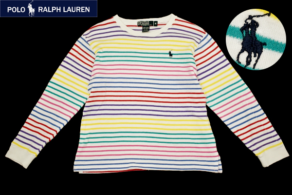 Y-8764★送料無料★美品★Polo by Ralph Lauren ポロ ラルフローレン★80s 90s アメリカ USA製 ボーダー 長袖 ロング T-シャツ 8-10 140cm拍卖
