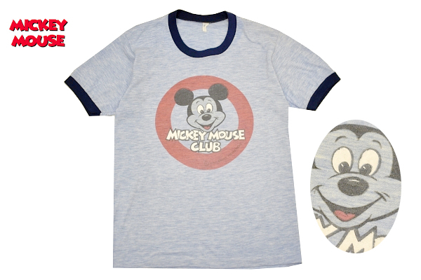 Y-8794★送料無料★MICKEY MOUSE CLUB ミッキーマウス★70s USA製ヴィンテージ 染み込みプリント 青 半袖 リンガー トリム T-シャツ M拍卖