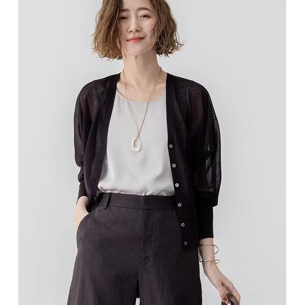 23区【杏さん着用】シャイニーシアー ドルマンスリーブ カーディガン (Mサイズ・38・黒系)新品拍卖