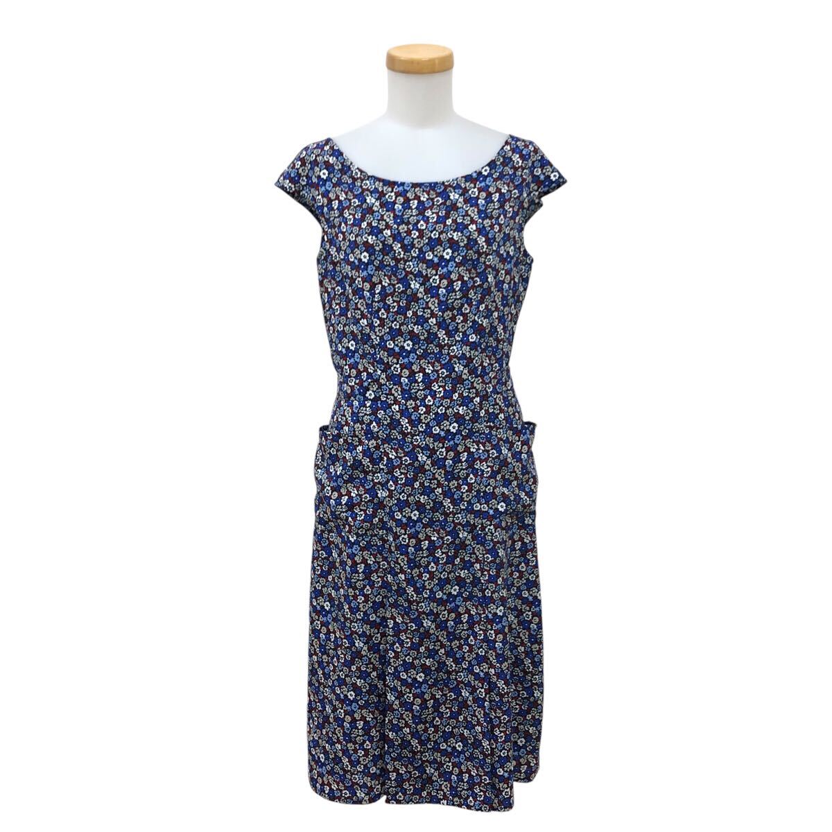 Nm311-77 良品 agnes b. アニエスベー 花柄 フレンチスリーブ ワンピース ワンピ ひざ下丈 ブルー系 レディース 36 日本製拍卖