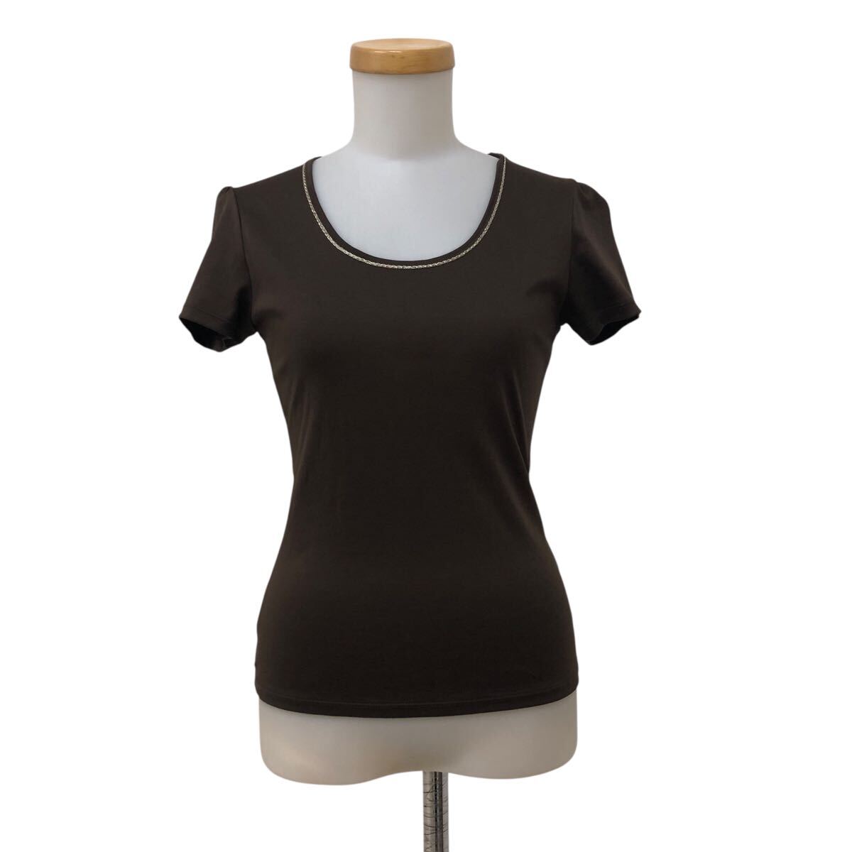 C426-11 ANAYI アナイ 半袖 上品 Tシャツ 襟ラメ糸 ティシャツ トップス カットソー レディース 38 ブラウン 茶拍卖