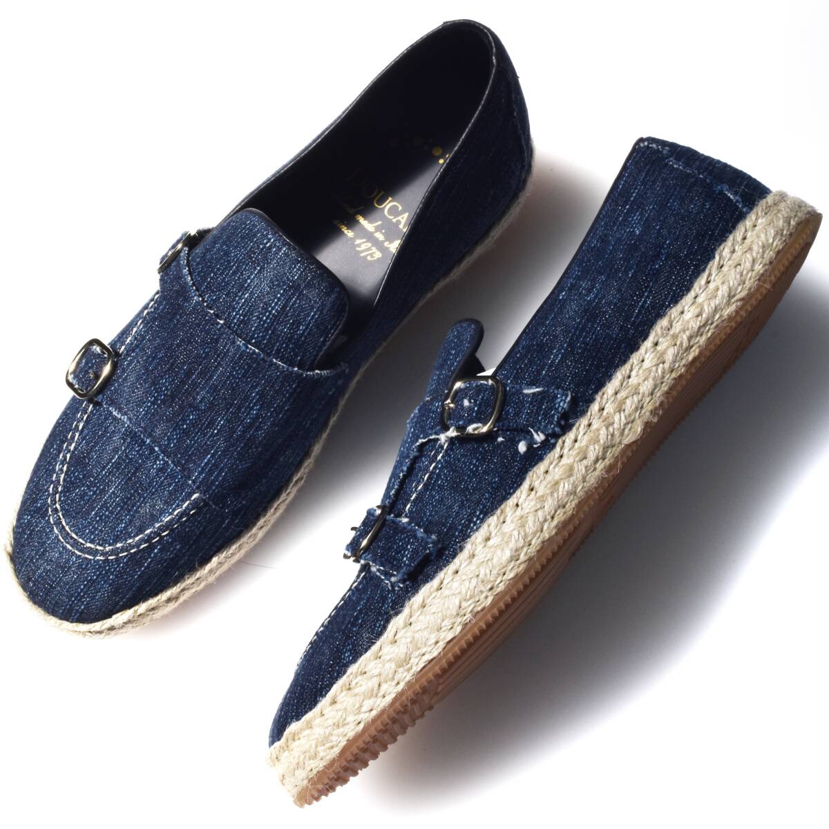 8,1万【DOUCAL'S デュカルス 新品】夏のお洒落モテ靴◇Wモンク.エスパetc.洒落魅せ満載◇スニーカ並みの快適履き心地!デニムスリッポン26cm拍卖