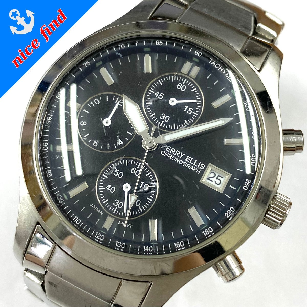 ◆ペリーエリス PERRY ELLIS◆クロノグラフ APE 9420 クォーツ 腕時計 メンズ ウォッチ ブラック文字盤 SS 不動品拍卖