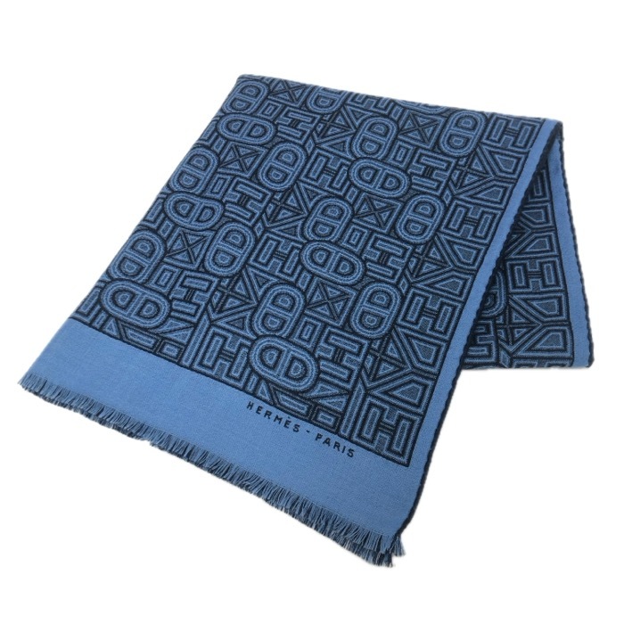 HERMES エルメス ストール マフラー ショール フリンジ カシミヤ/シルク ブルー【中古】ユニセックス拍卖