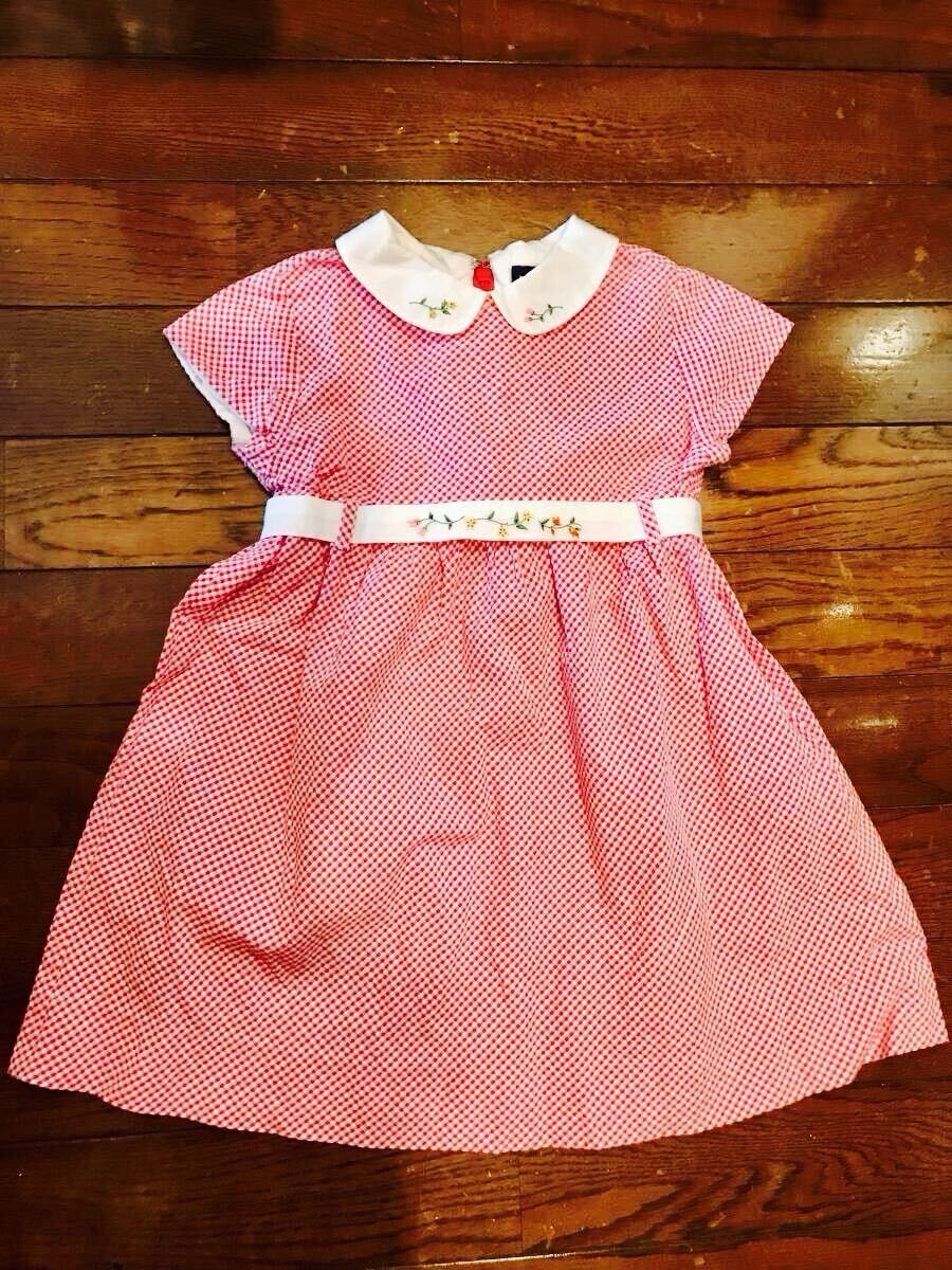 ラルフローレン90 半袖 ワンピース ギンガムチェック 赤 刺繍 りぼん おでかけ 日本製拍卖