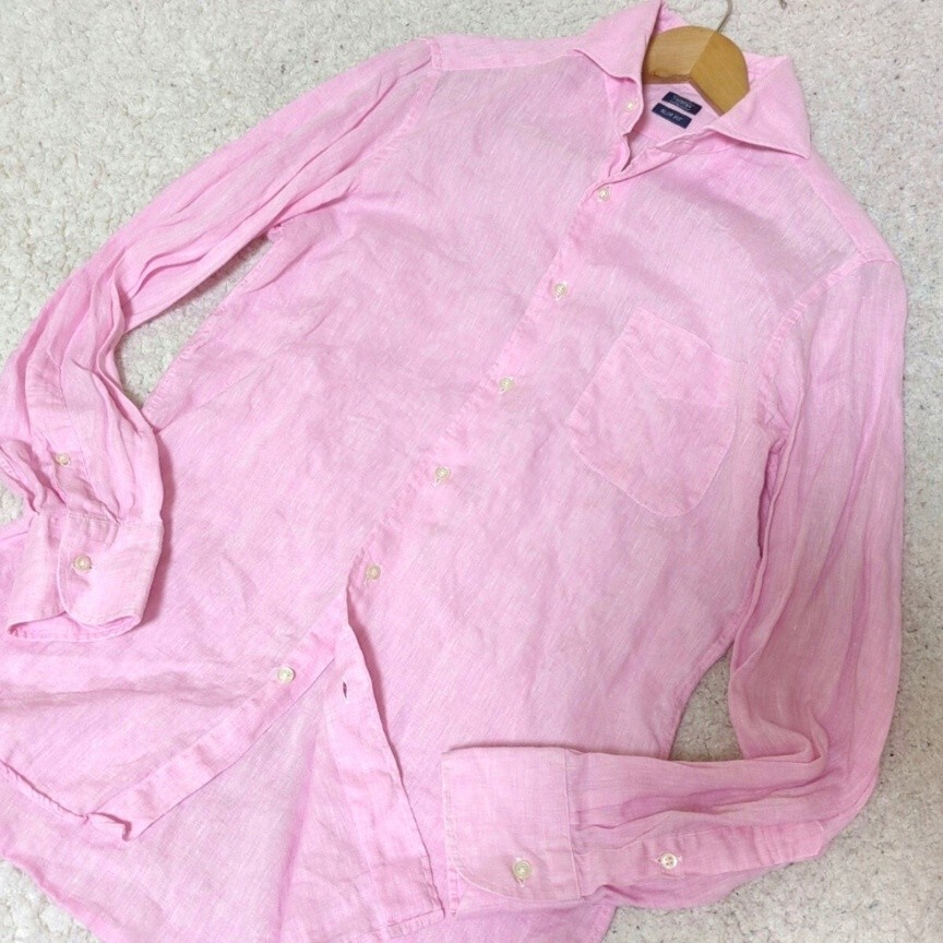 リネン100% ピンク FAIRFAX/フェアファクス ホリゾンタルカラー サマー 長袖 シャツ/トップス/アウター メンズ 紳士服 ビジネス 洗える M拍卖