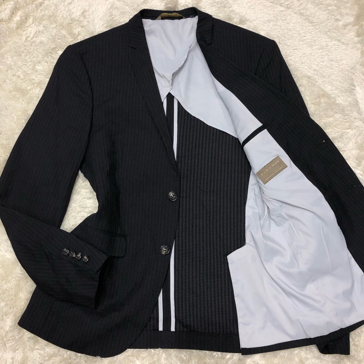 希少L!ザラマン【至極の清涼感】ZARA MAN テーラードジャケット ダークネイビー 濃紺 シアサッカー風 凹凸生地 2B 背抜き ストレッチ 48拍卖