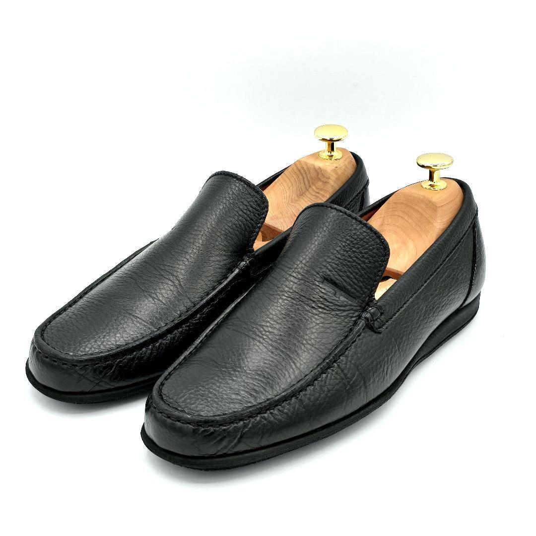 極美品【アテストーニ】a.testoni (5.5/24.5cm) ローファー イタリア製 シボ革 レザーシューズ ブラック拍卖