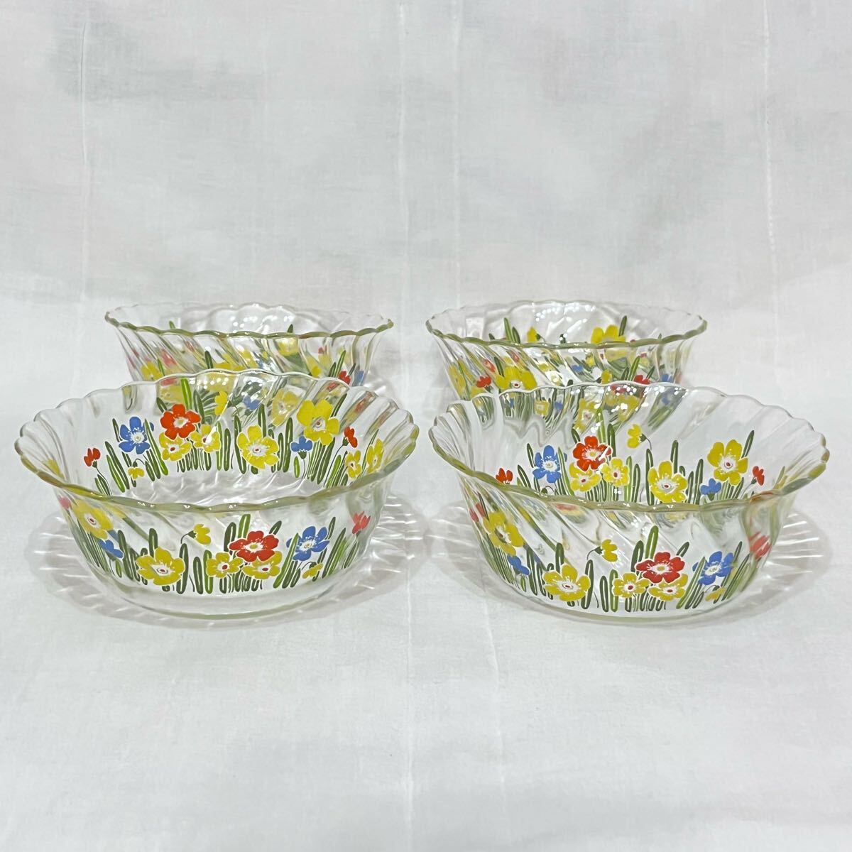昭和レトロ★ COOK MAMMY★ ナルミ クックマミー★ 花柄 耐熱ガラスボール 4点セット★サラダボウル ガラス小鉢★送料込み!拍卖