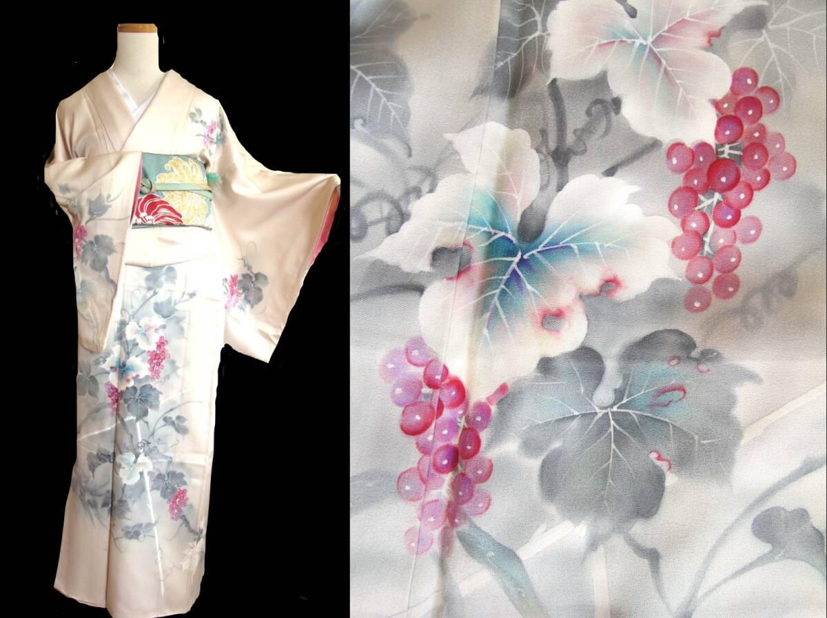 上品 葡萄の付け下げ セミアンティーク着物 白地拍卖