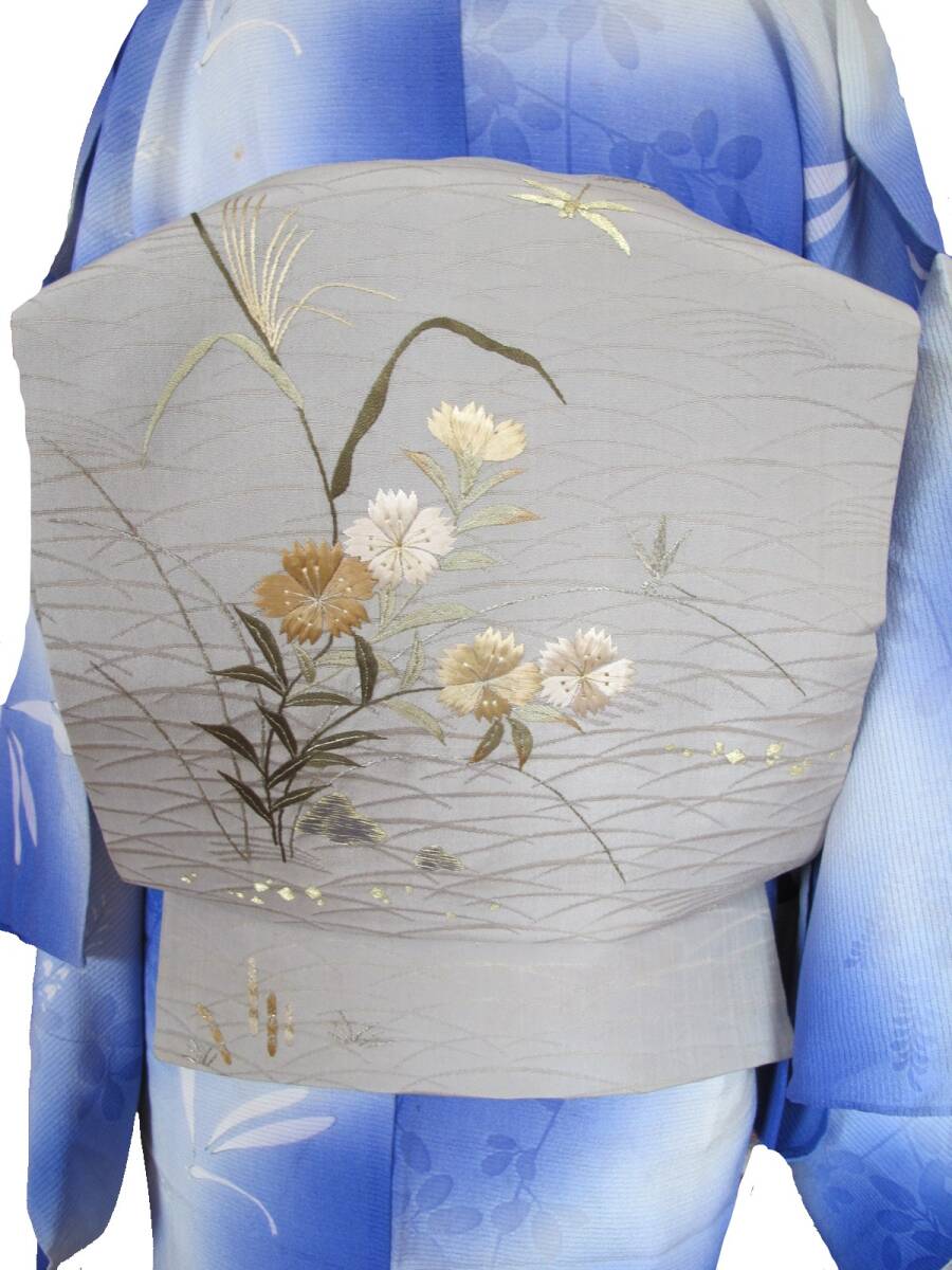 トンボに秋草 ススキ 撫子 さざれ石 アンティーク総刺繍名古屋帯 透かし拍卖