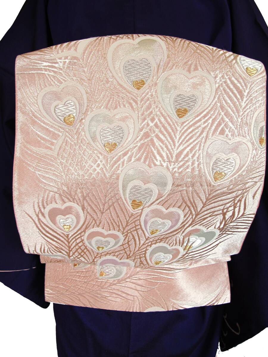 ピンクに孔雀羽根 ハート セミアンティーク袋帯 引き箔拍卖