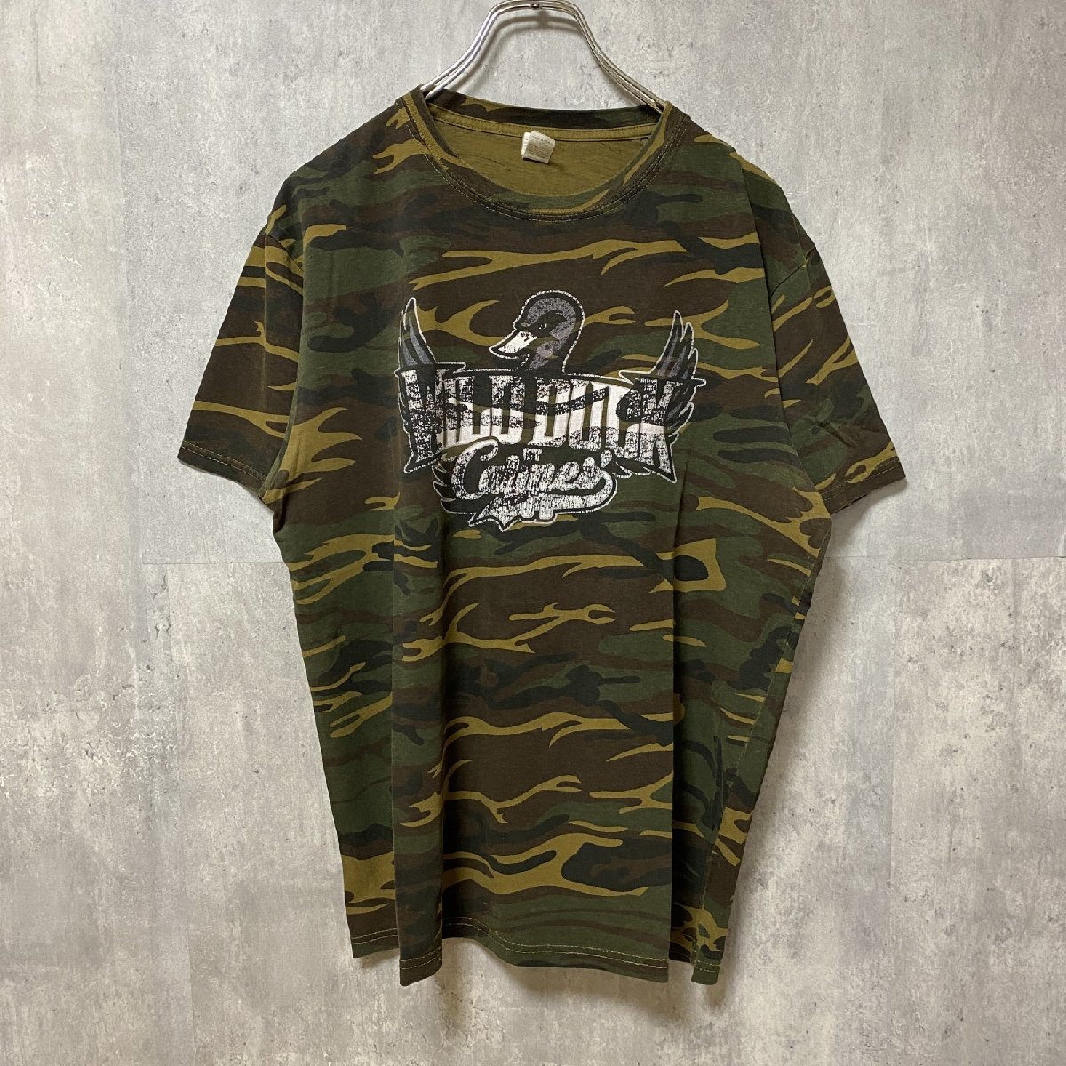 古着 used anvil アンビル 半袖プリント迷彩Tシャツ カモフラージュ WILD DUCK 鴨 カーキ レトロ Mサイズ拍卖