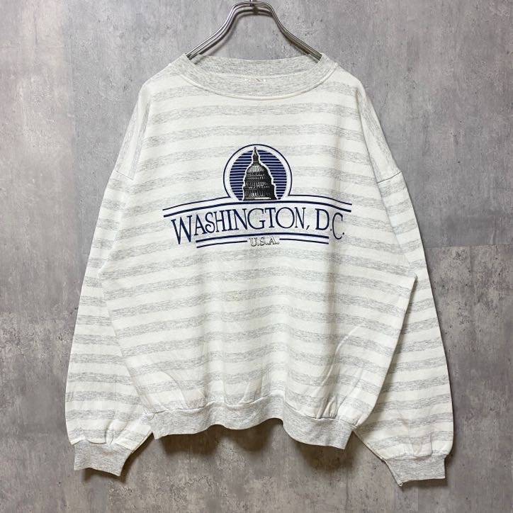 古着 used SK&S USA製 長袖ボーダープリントスウェット 白 ホワイト グレー ワシントン レトロデザイン XLサイズ拍卖