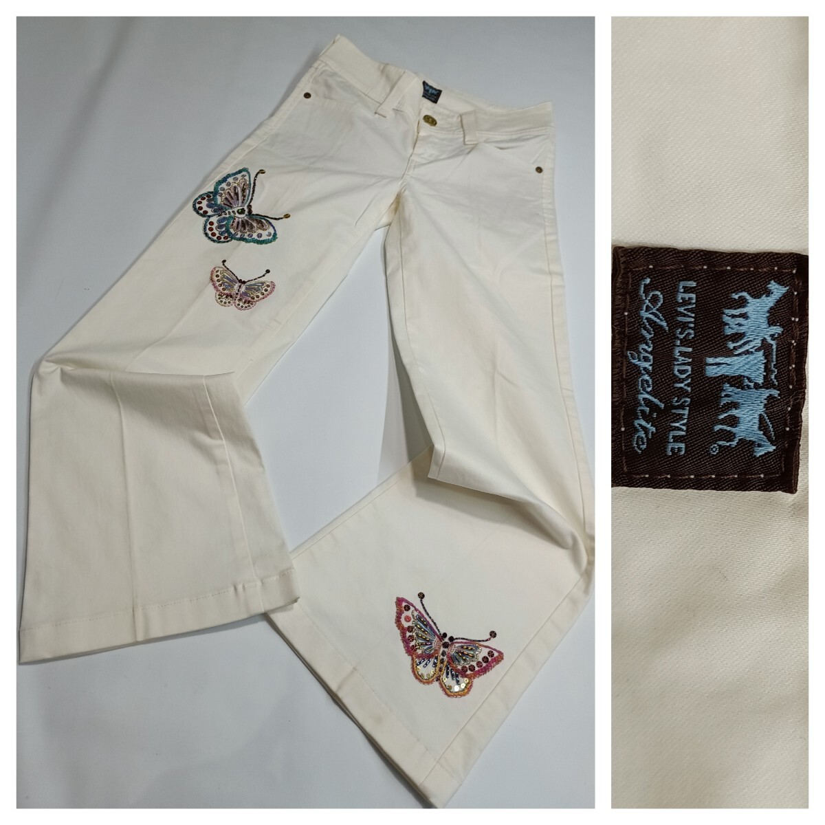 00's LEVI'S LADY STYLE Angelite リーバイス 蝶々 バタフライ 白 フレアパンツ ホワイト ストレッチパンツ 26 約69cm拍卖