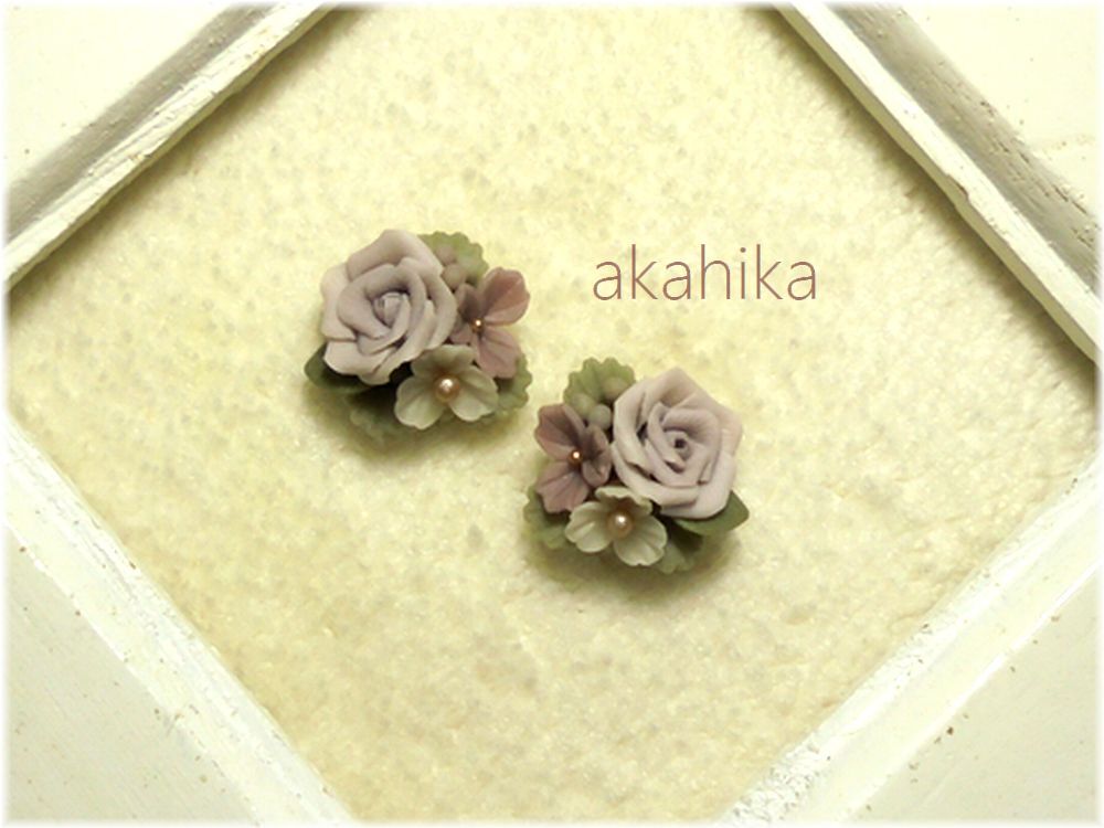 akahika*樹脂粘土花パーツ*左右対称ブーケ・スモーキーカラーブーケ・薔薇と小花・ライトピンク拍卖
