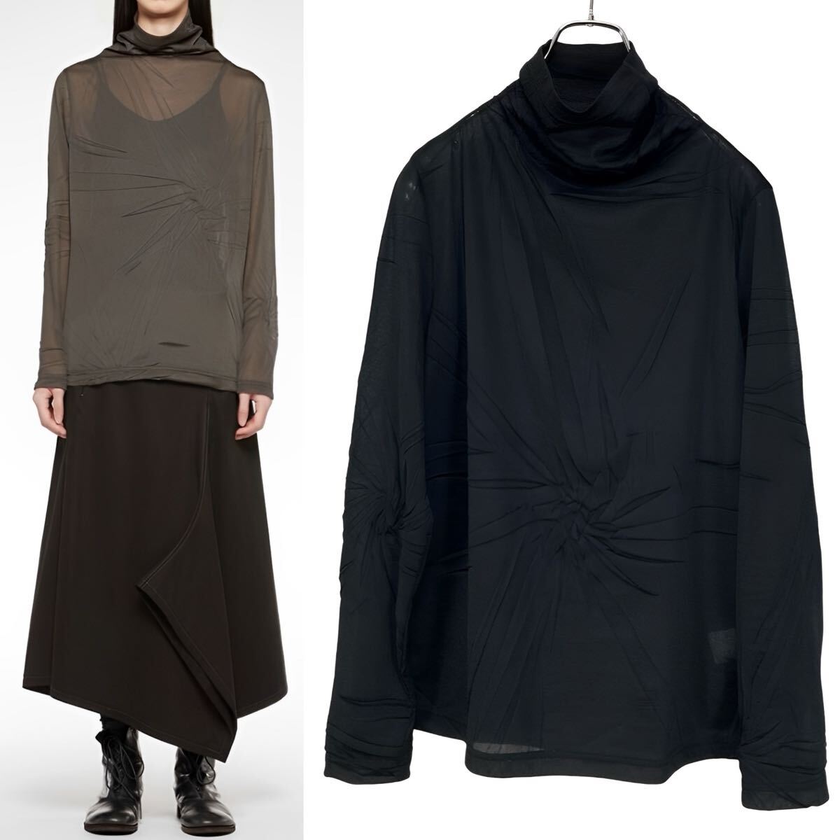 Y's ランダム リンクル プリーツ ハイネックカットソー 黒2拍卖