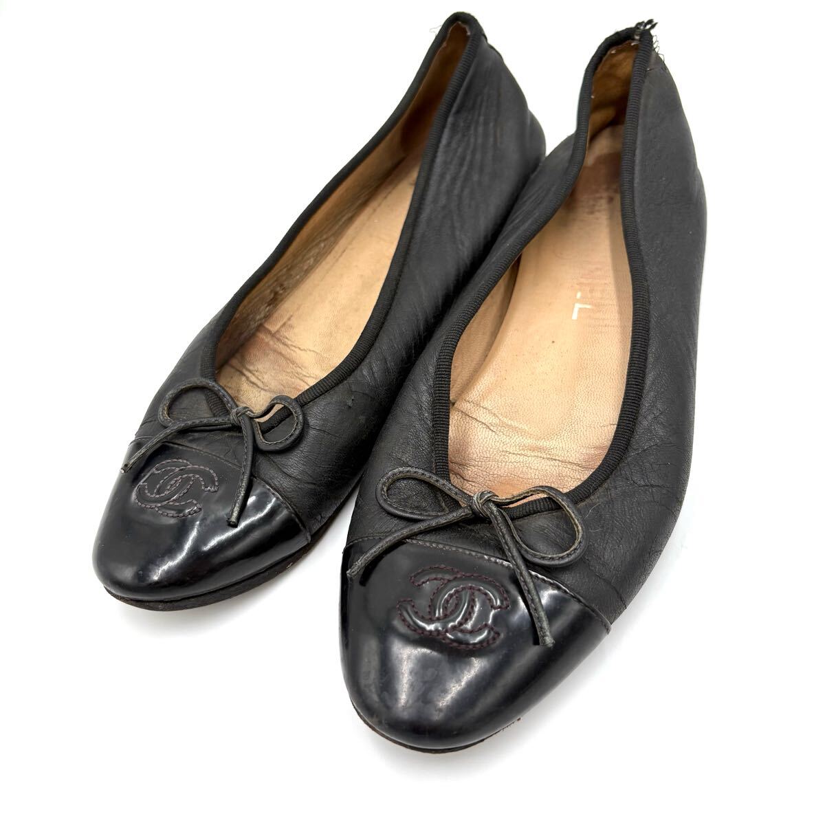 H■ イタリア製 '至高の逸品' 王道 ココマーク入り CHANEL シャネル 本革 LEATHER バレエシューズ フラットパンプス 高級婦人靴 ブラック系拍卖