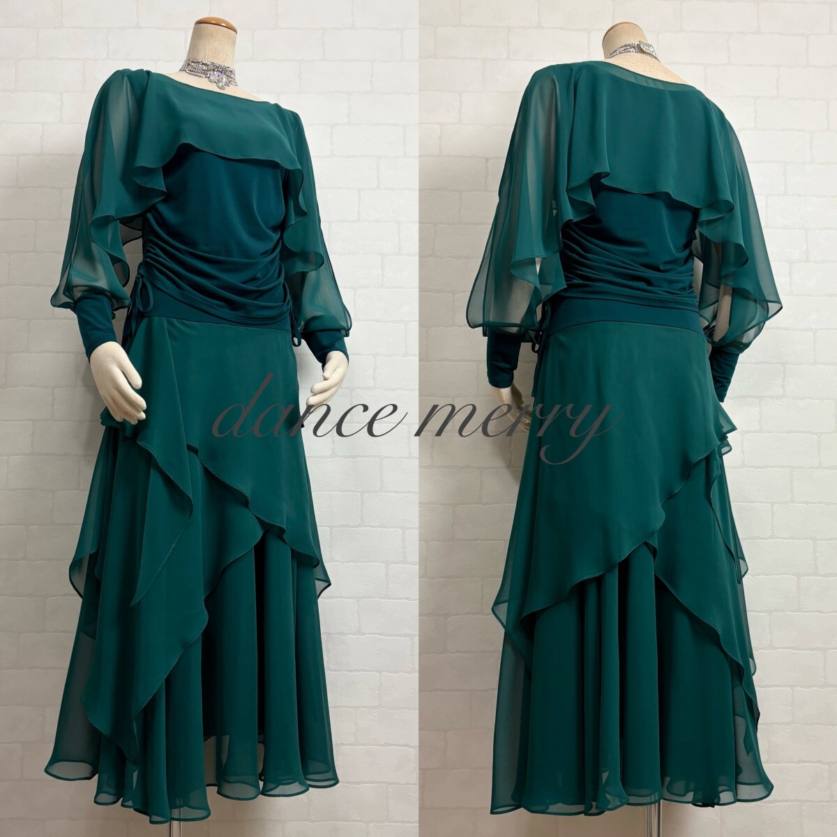 ★送料無料★【MERRY】 新品 社交ダンス ツーピース セットアップ 緑 シフォン 2656 長袖 ドルマン カラオケ ステージ 衣装 ワルツ タンゴ拍卖